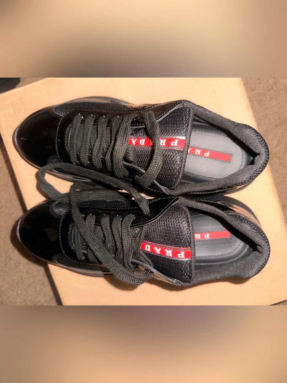 Prada Black Low-Top Sneakers with Red Logo Trim - Picture 4 of 5